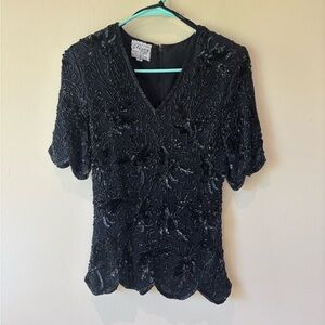 Elegant Vintage Black Silk Beaded Blouse
